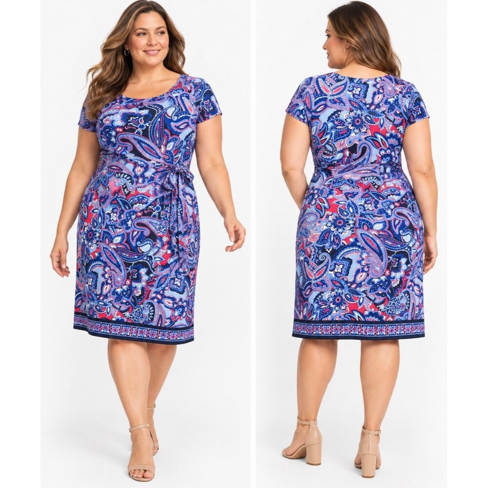 TALBOTS Plus 3X Faux Wrap Jersey Shift Dress Blue Paisley Tie Waist Stretch Knee